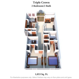 2 Bedroom 2 Bathroom Floor Plan at Steeplechase Apartments, Ohio, 45140