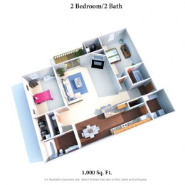 2 bed 2 bath floor plan E at Deercross Apartments, Ohio, 45236