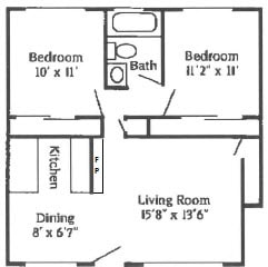 A two bedroom, one bathroom apartment floor plan with a fireplace at Mondrian Colorado Apartments in Denver, Colorado