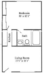 A one bedroom, one bathroom small apartment floor plan at Mondrian Colorado Apartments in Denver, Colorado