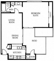 A one bedroom, one bathroom apartment floor plan at Meadow Creek Apartments in San Marcos, California