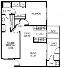 A two bedroom, one-and-a-half bathroom apartment floor plan at Meadow Creek Apartments in San Marcos, California
