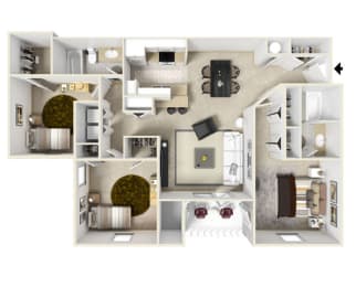 3 bedroom 2 bathroom Floor plan A at Parkwest Apartment Homes, Hattiesburg, Mississippi