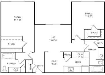 Oak 2 Bed | 2 Bath | 1150 Sq. Ft. at Wildwood, Temple, TX, 76504