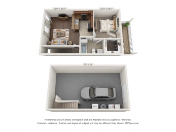 A 3D floorplan of the 1 bedroom with garage layour at The Villas at Island Road