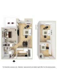 2 bed 2 bath floor plan at Meridian Apartments, Los Angeles