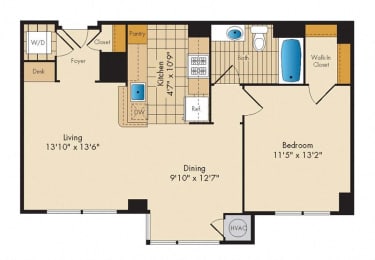 1 Bedroom 1G Floor Plan at Highland Park at Columbia Heights Metro, Washington, 20010