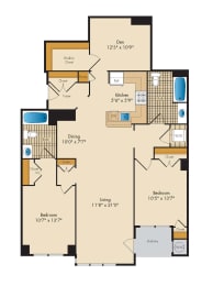 2 Bedroom with Den 2F-A Floor Plan at Highland Park at Columbia Heights Metro, Washington