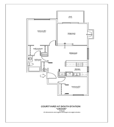 The Cedar Floor Plan; A two bedroom, one bathroom apartment floor plan at The Courtyard at South Station