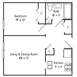  Floor Plan One Bedroom Apartment