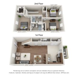 A 3D floorplan of the 3 bedroom layout at The Villas at River Bend