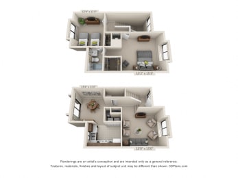  Floor Plan 2 Bed 1.5 Bath Town Home
