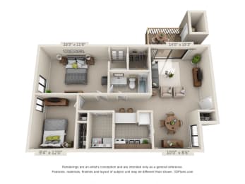  Floor Plan 2 Bed 1 Bath Garden A