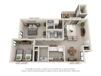  Floor Plan 2 Bed 1 Bath Garden B