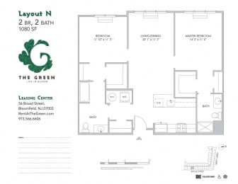 Layout N 2 Bedroom 2 Bathroom Floor Plan at The Green at Bloomfield, Bloomfield