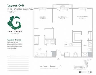 Layout O-B 2 Bed 2 Bath Floor Plan at The Green at Bloomfield, New Jersey, 07003