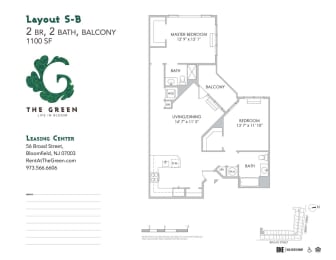 Layout S-B 2 Bed 2 Bath Floor Plan at The Green at Bloomfield, New Jersey, 07003