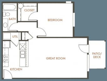 1 Bedroom, 1 Bathroom Floor Plan