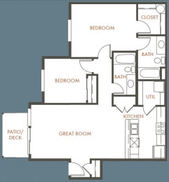 2 Bedroom, 2 Bathroom Floor Plan