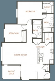 2 Bedroom, 2 Bathroom Floor Plan