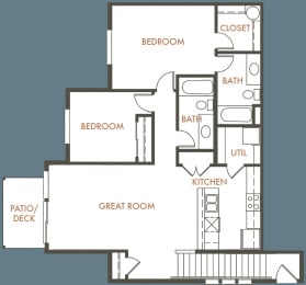 2 Bedroom, 2 Bathroom Floor Plan