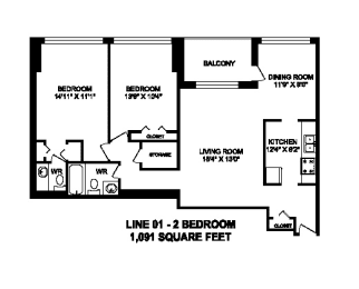 Two bedroom, one bathroom apartment layout at Brookbanks Apartments in Toronto, ON