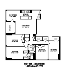 Four bedroom, one bathroom apartment layout at Brookbanks Apartments in Toronto, ON