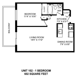 One bedroom, one bathroom apartment layout at Horizon Towers in Burnaby, BC