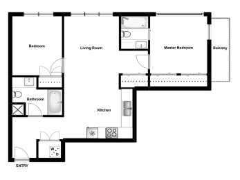 Two bedroom, two bathroom apartment layout at Lynn Creek Apartments in North Vancouver, BC