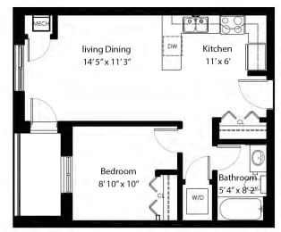 Floor Plan  One bedroom, one bathroom apartment layout at Rittenhouse Place in Kitchener, ON