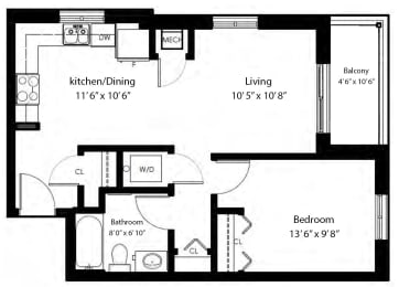 Floor Plan  One bedroom, one bathroom apartment layout at Rittenhouse Place in Kitchener, ON
