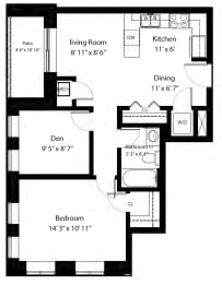 Floor Plan  One bedroom plus den, one bathroom apartment layout at Rittenhouse Place in Kitchener, ON