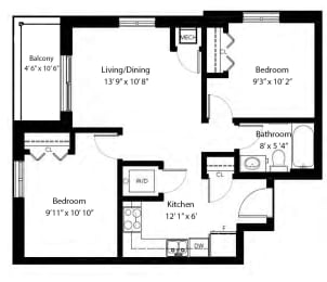 Floor Plan  Two bedroom, one bathroom apartment layout at Rittenhouse Place in Kitchener, ON