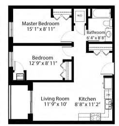 Floor Plan  Two bedroom, one bathroom apartment layout at Rittenhouse Place in Kitchener, ON