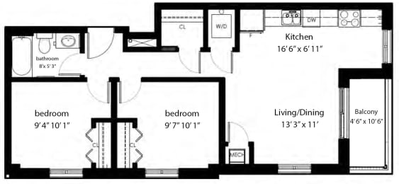 Floor Plan  Two bedroom, one bathroom apartment layout at Rittenhouse Place in Kitchener, ON
