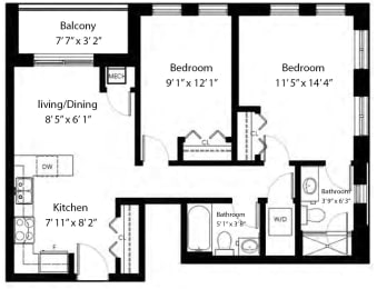 Floor Plan  Two bedroom, two bathroom apartment layout at Rittenhouse Place in Kitchener, ON