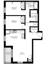 Floor Plan  Two bedroom, two bathroom apartment layout at Rittenhouse Place in Kitchener, ON