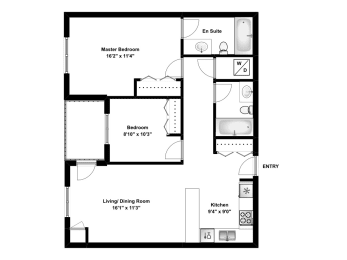Floor Plan  Two bedroom, two bathroom apartment layout at Rittenhouse Place in Kitchener, ON