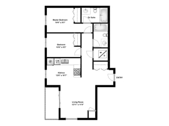 Floor Plan  Two bedroom, two bathroom apartment layout at Rittenhouse Place in Kitchener, ON