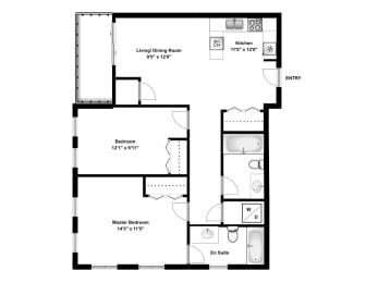Floor Plan  Two bedroom, two bathroom apartment layout at Rittenhouse Place in Kitchener, ON