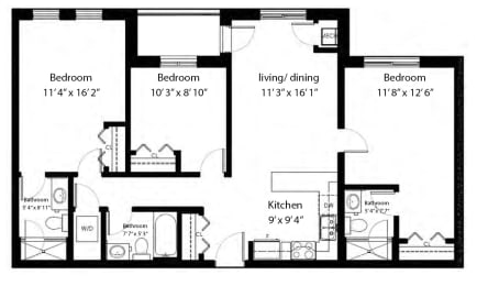Floor Plan  Three bedroom, three bathroom apartment layout at Rittenhouse Place in Kitchener, ON
