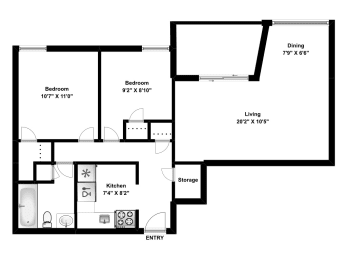 Floor Plan  Two bedroom, one bathroom apartment layout at Riverbend Tower in Chatham, ON