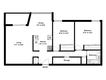 Floor Plan  Two bedroom, one bathroom apartment layout at Riverbend Tower in Chatham, ON