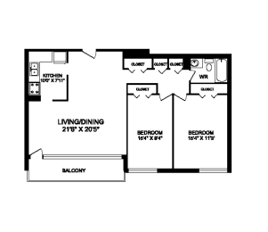 Two bedroom, one bathroom apartment layout at Rockford in Toronto, ON