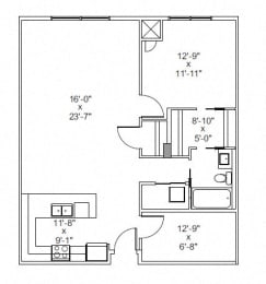 One bedroom, one bathroom apartment layout at The Conservatory in Kelowna, BC