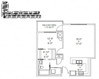 One bedroom, one bathroom apartment layout at The Conservatory in Kelowna, BC