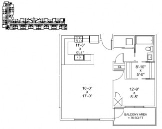 One bedroom, one bathroom apartment layout at The Conservatory in Kelowna, BC