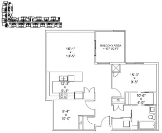 One bedroom plus den, one bathroom apartment layout at The Conservatory in Kelowna, BC