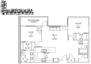 Two bedroom, two bathroom apartment layout at The Conservatory in Kelowna, BC