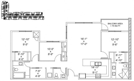 Three bedroom, two bathroom apartment layout at The Conservatory in Kelowna, BC
